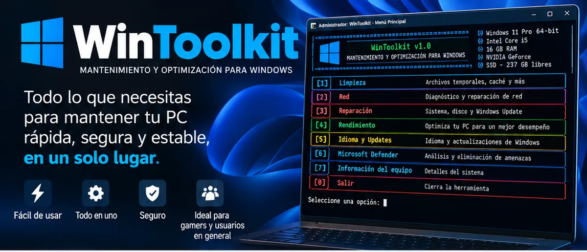 Menú principal de WinToolkit en una laptop, con las opciones de limpieza, red, reparación, rendimiento, idioma y actualizaciones, Microsoft Defender e información del equipo.